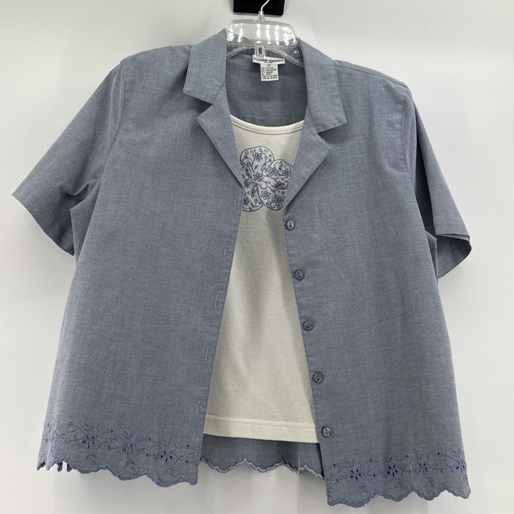 Alfred Dunner 16P‎ Chambray Blouse Attached Tank Eyelet Detail Studded